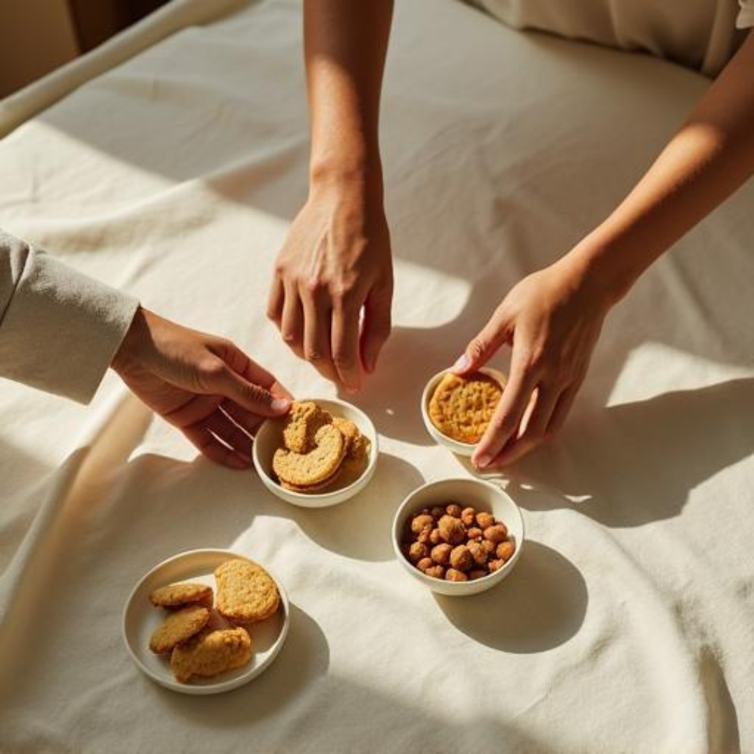 3 hands placing down pantry staples