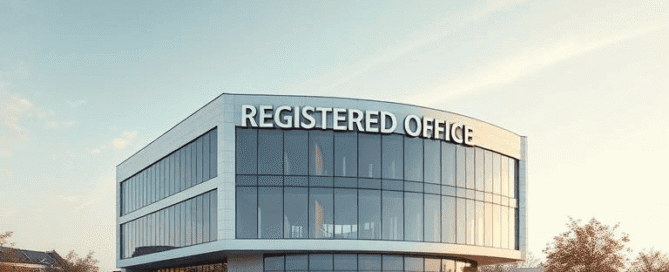 Contemporary office structure featuring "registered office," representing a dynamic and efficient workplace setting.