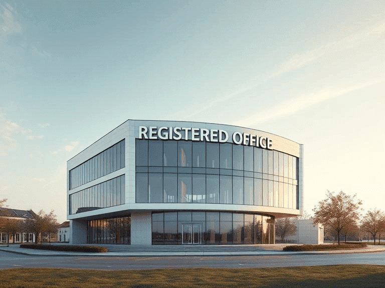 Contemporary office structure featuring "registered office," representing a dynamic and efficient workplace setting.