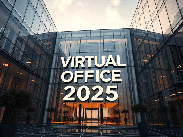 A contemporary virtual office scene with digital devices and a professional workspace for 2025.