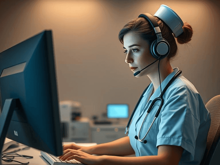 A woman in a lab coat engages with a computer, representing a medical answering service's virtual receptionist.