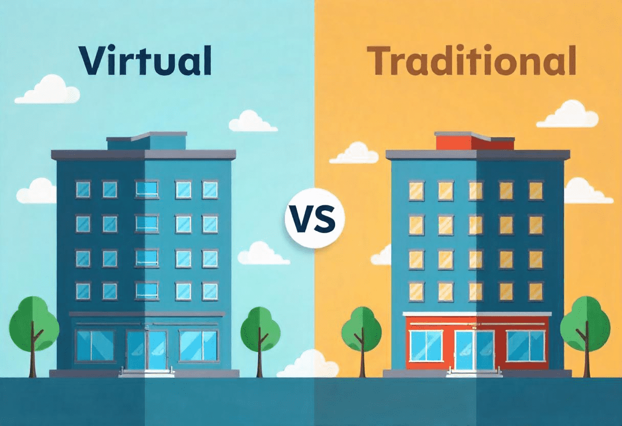 Two buildings illustrate the comparison between virtual office and traditional office concepts.